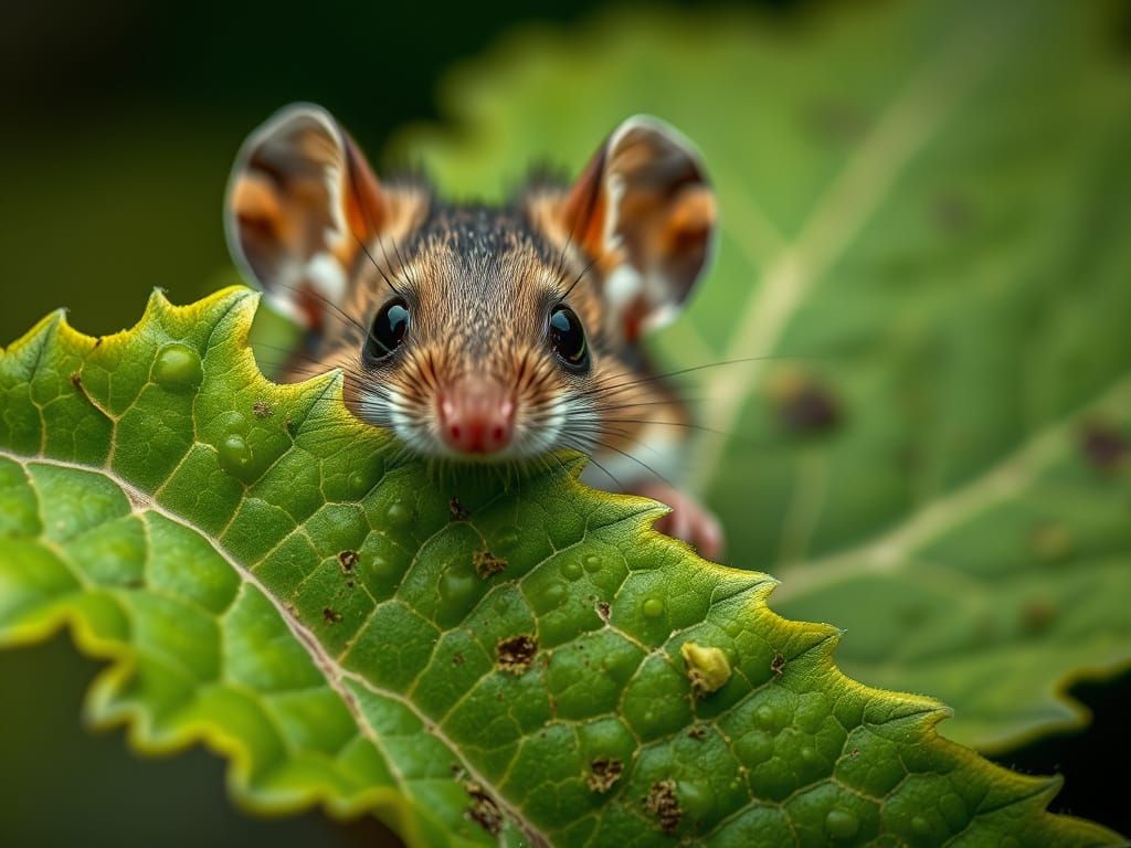 Mouse Peeks Shyly From Behind Burdock Leaf