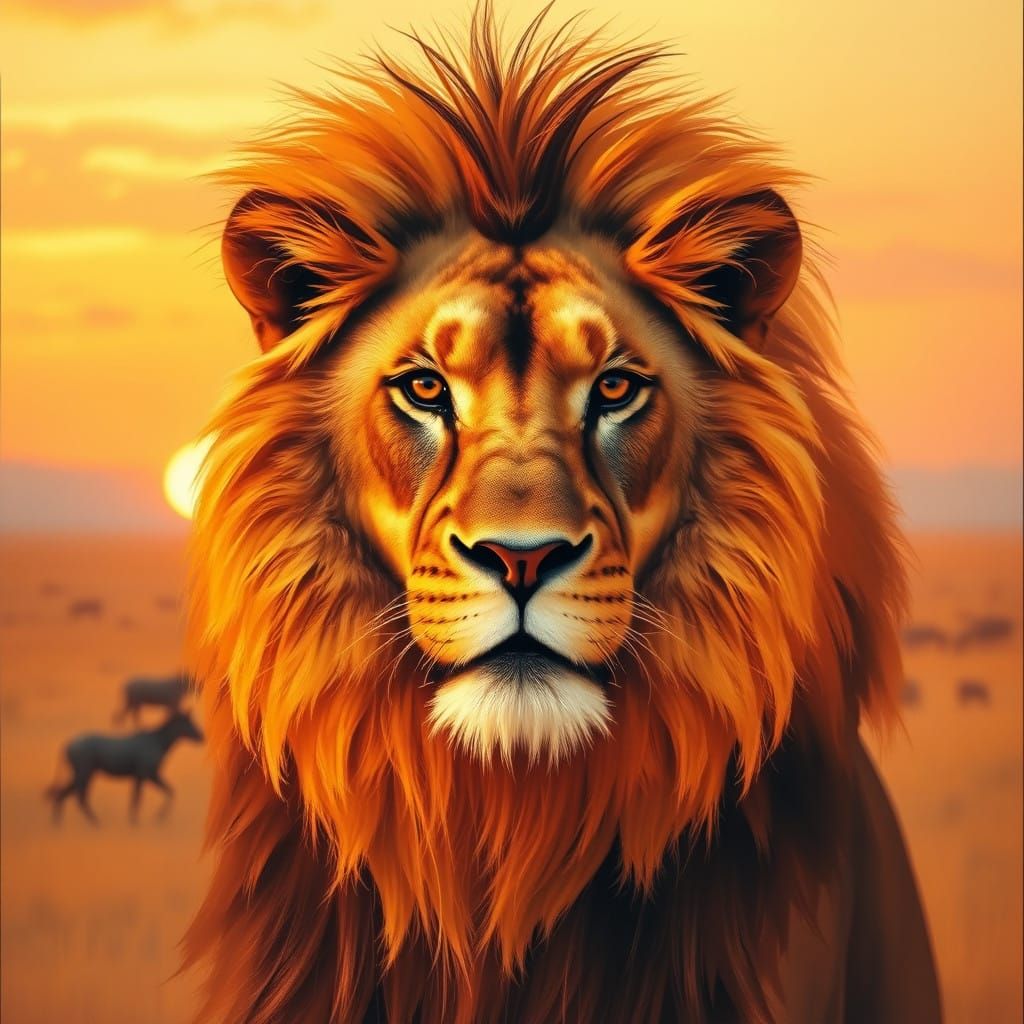 Majestic Lion's Regal Dissolution into Golden Serengeti Suns...