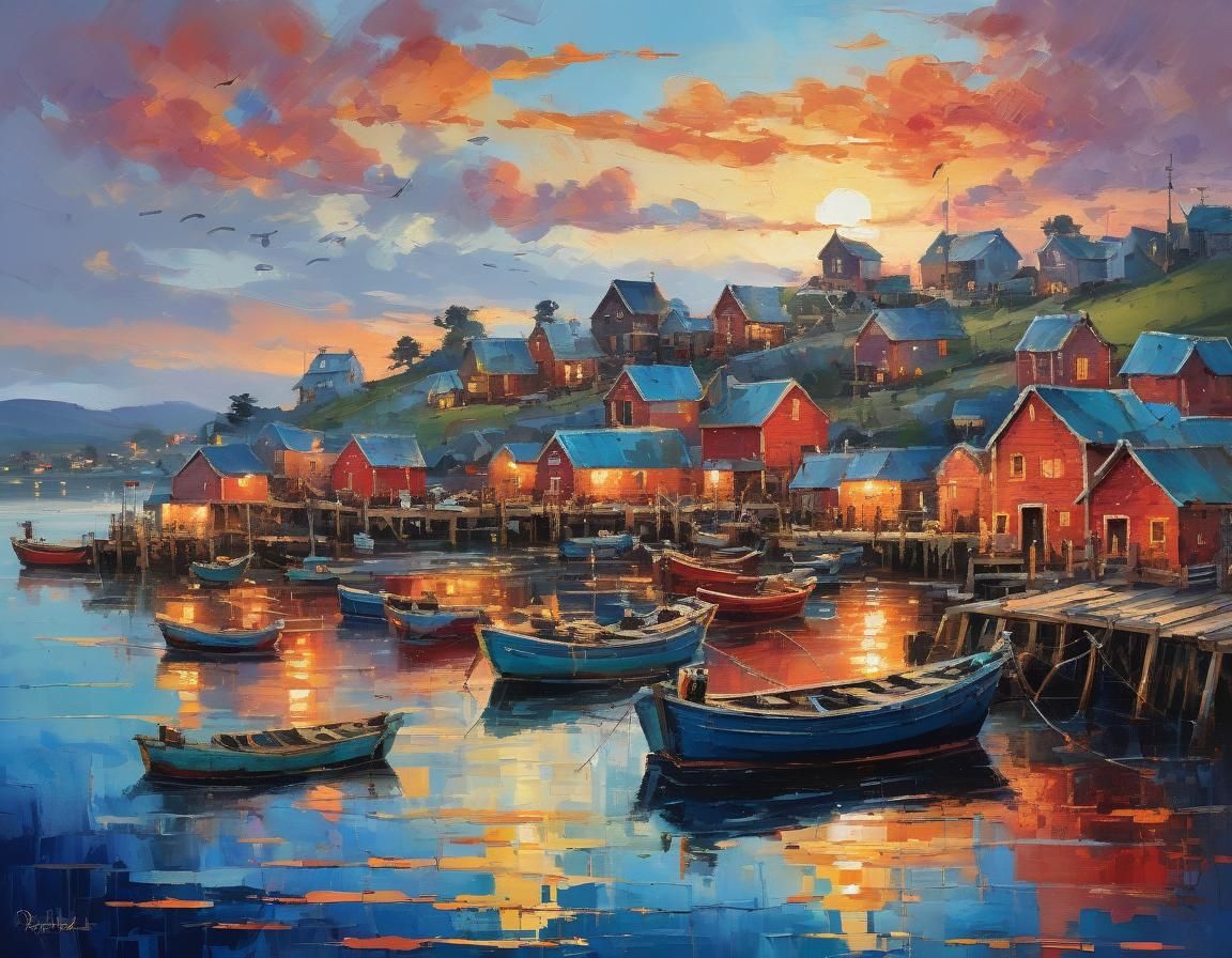 Coastal Fishing Village at Sunset as Impressionistic Paintin...