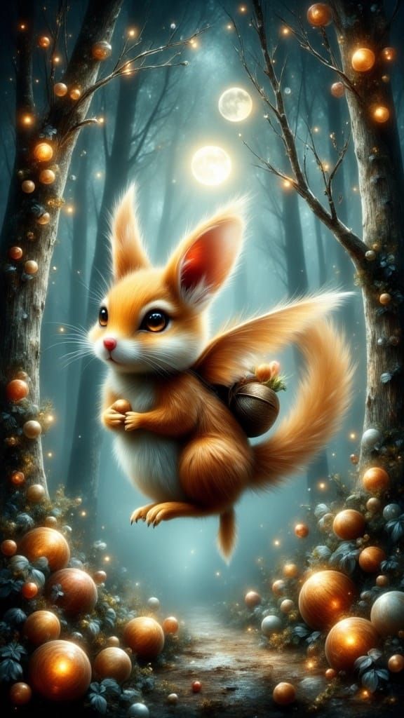 Whimsical Flying Squirrel Collects Macademia Nuts in Enchant...