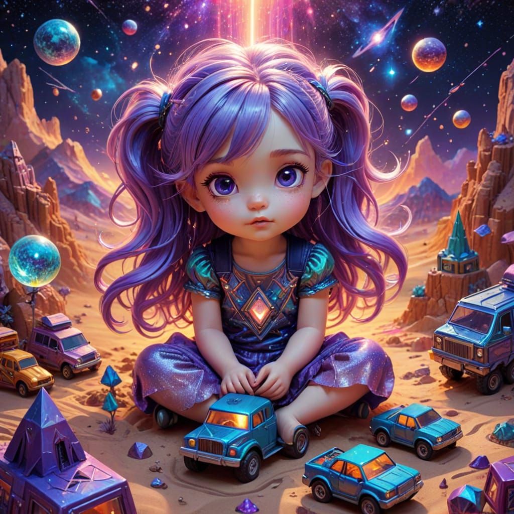 Psychedelic Chibi Girl in Sandbox with Neon Colors