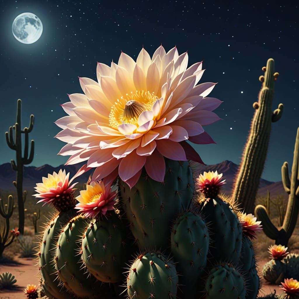 Ethereal Cactus Blossom Under Celestial Moonlight in a Majes...