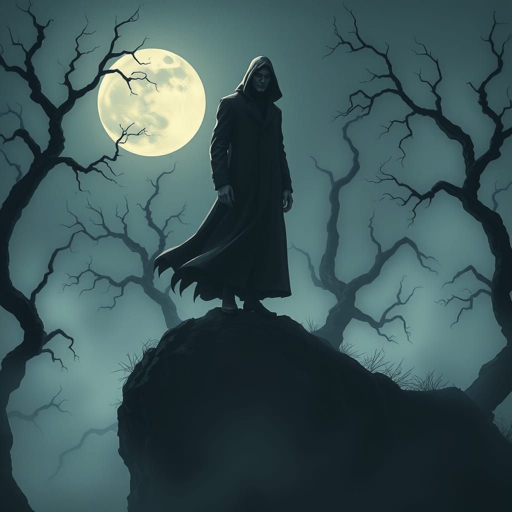 Mysterious Figure on Moonlit Cliff in Digital Art Style