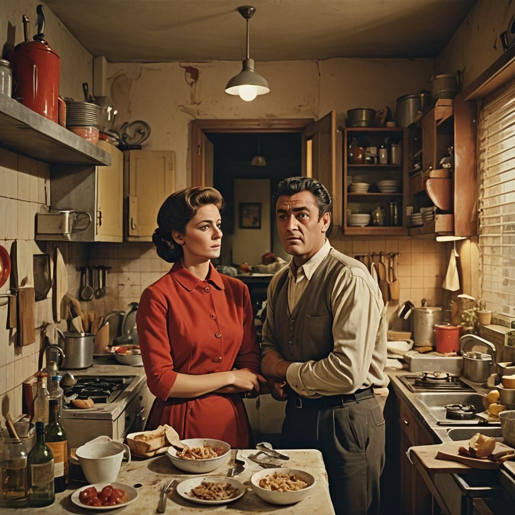 Italian Neorealism Scene: 1960s Couple in Kitchen