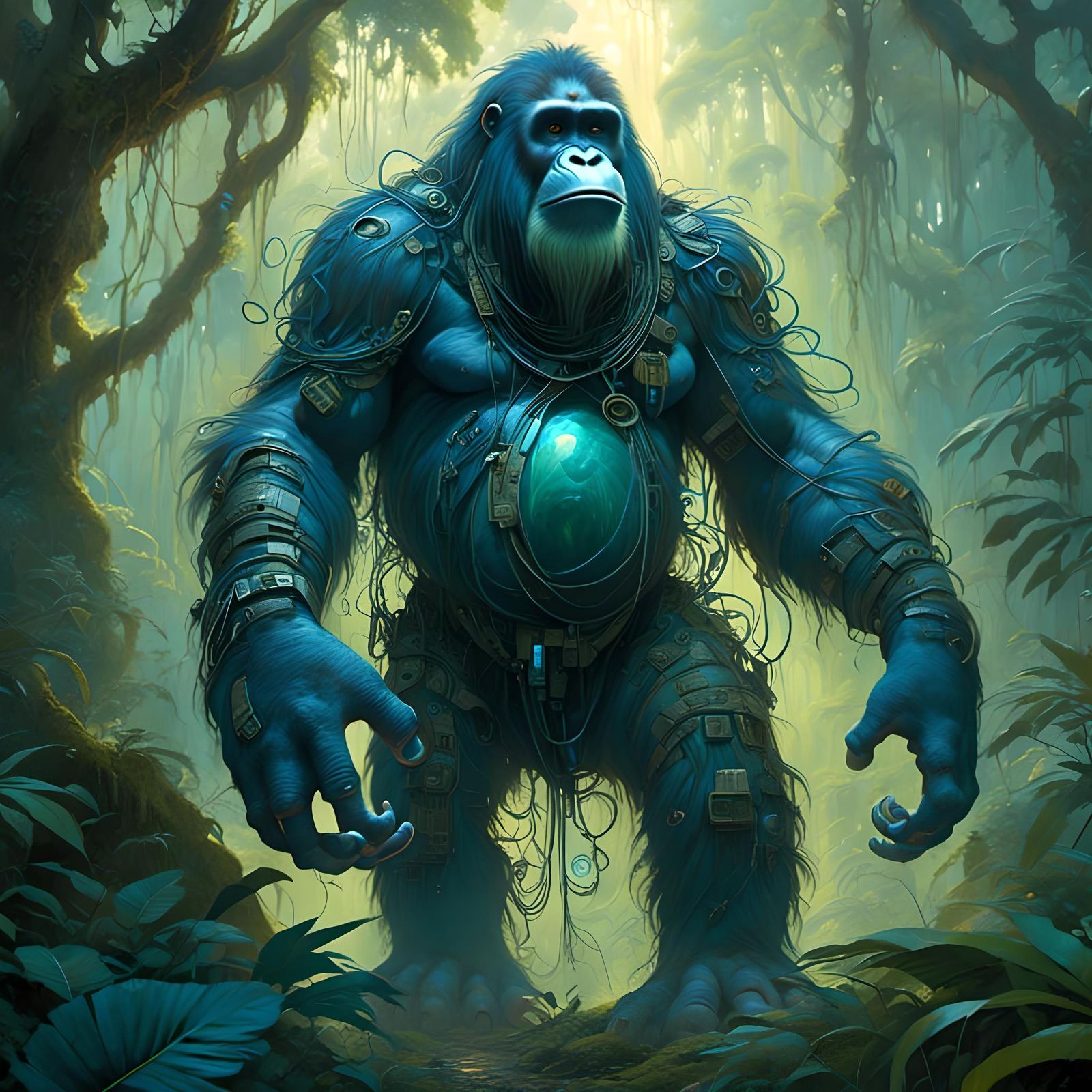 <lora:Quirky:1.0> A 64k surrealism hyperdetailed,  hyperrealism,  realism,  of a gigantic cyberpunk orangutan roaming th...