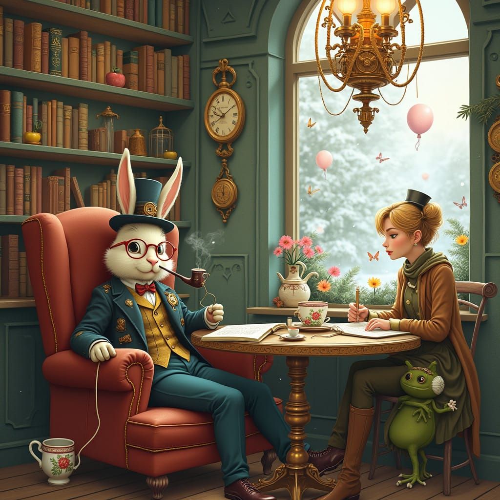 Steampunk Whimsy in a Cozy Coffee Shop Scene