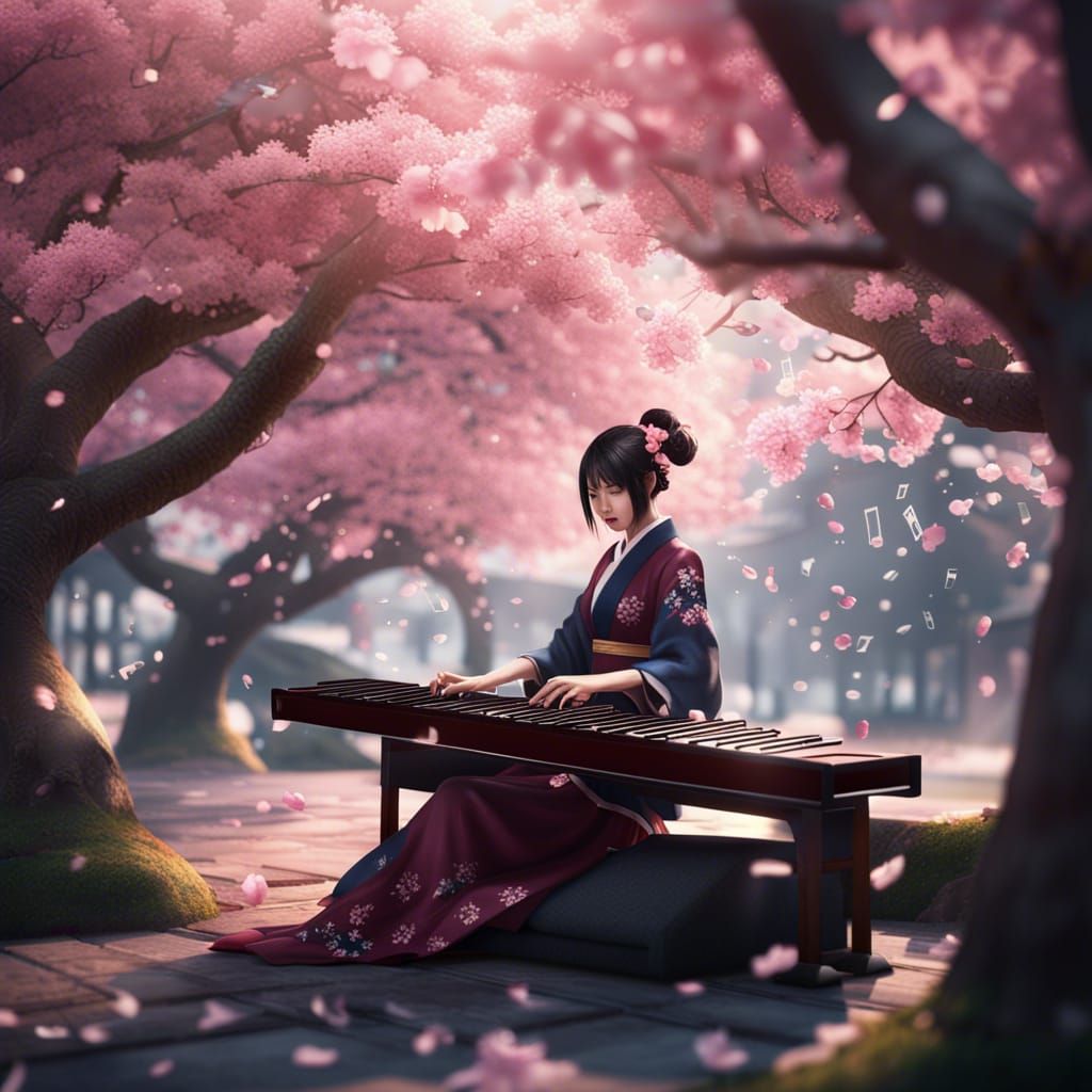 Japanese Koto Player Under Cherry Blossoms