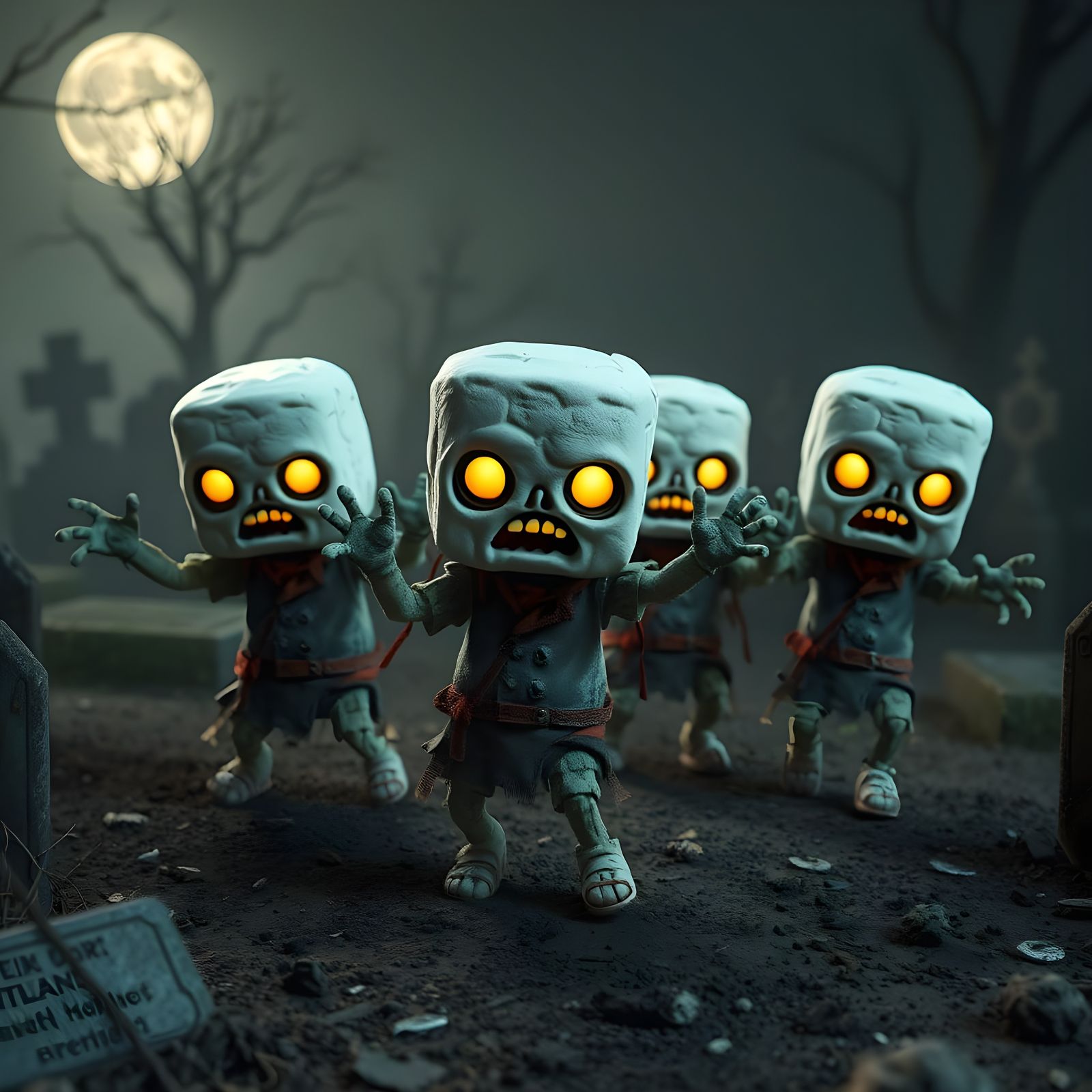 Marshmallow Zombies Dancing in Graveyard: 3D Render