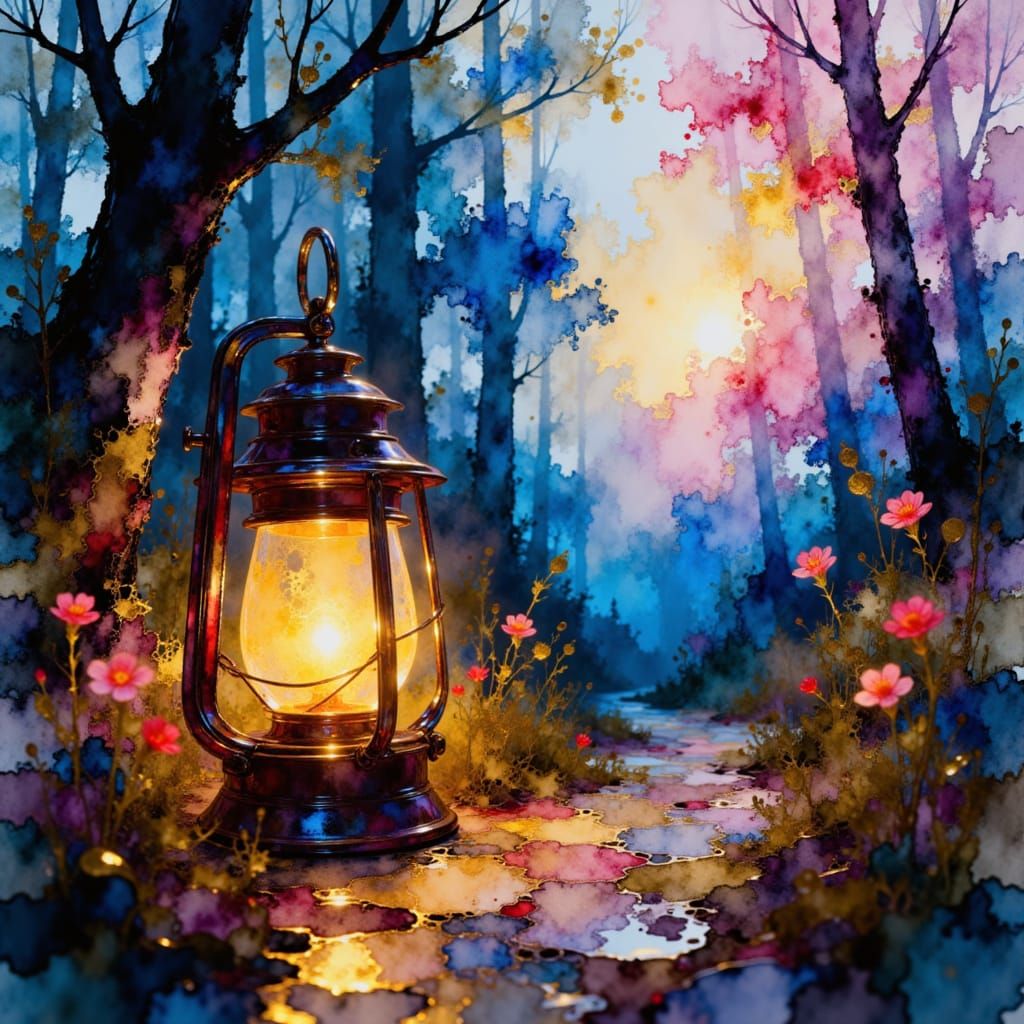 Lantern Glow on Cobblestone Path with Wildflowers