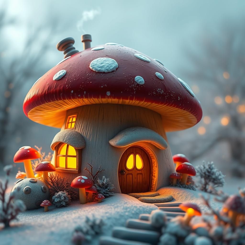 Mushroom House in Snowy Landscape, 3D Rendered