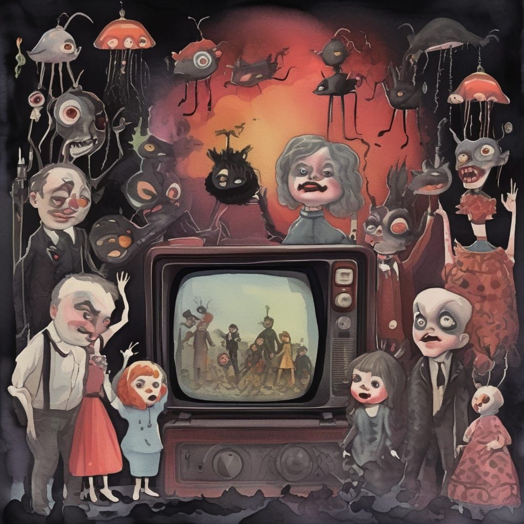 Vintage Gothic Family Drowns in Oil, Surrounded by TV Static