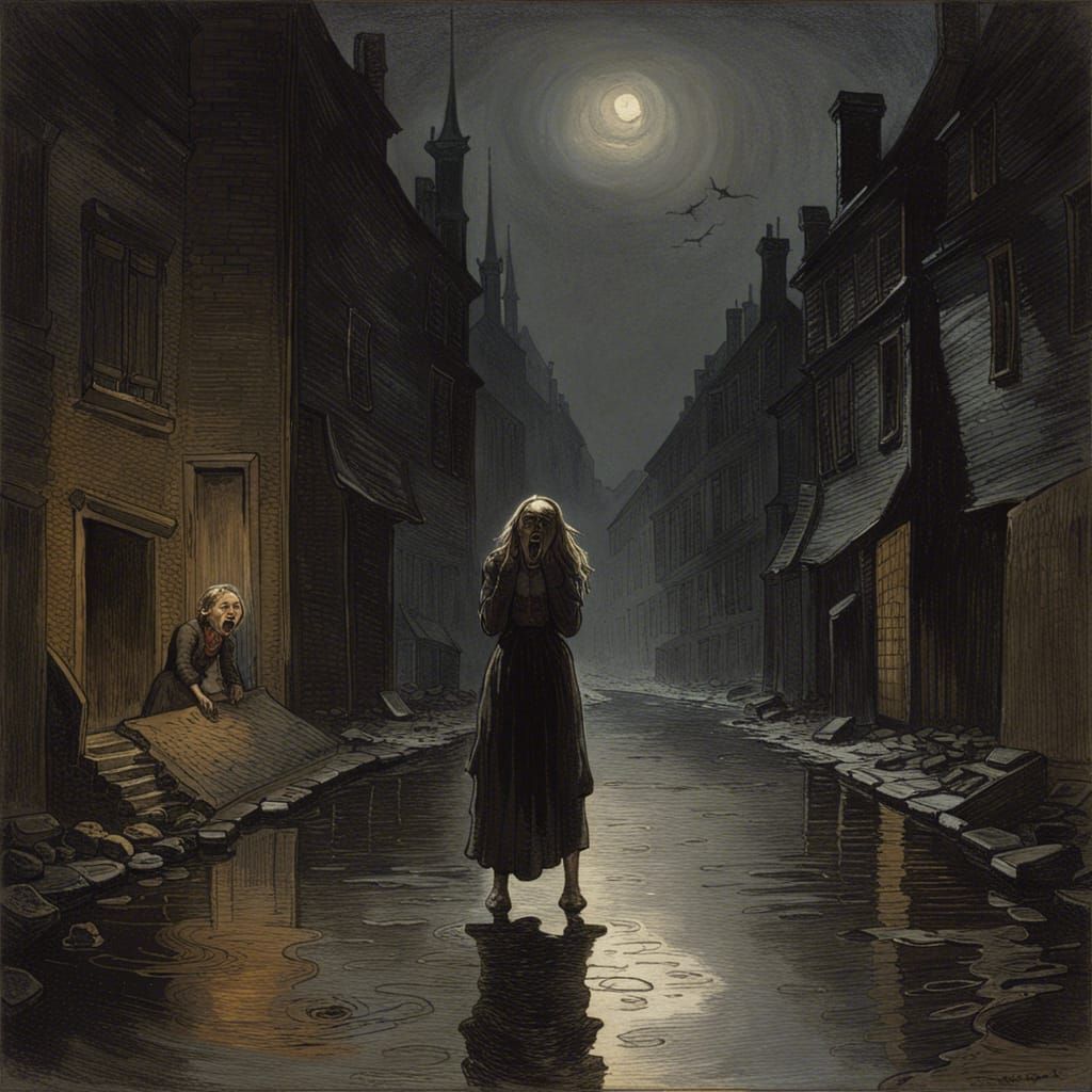Dark Street Reflection of Screaming Girl