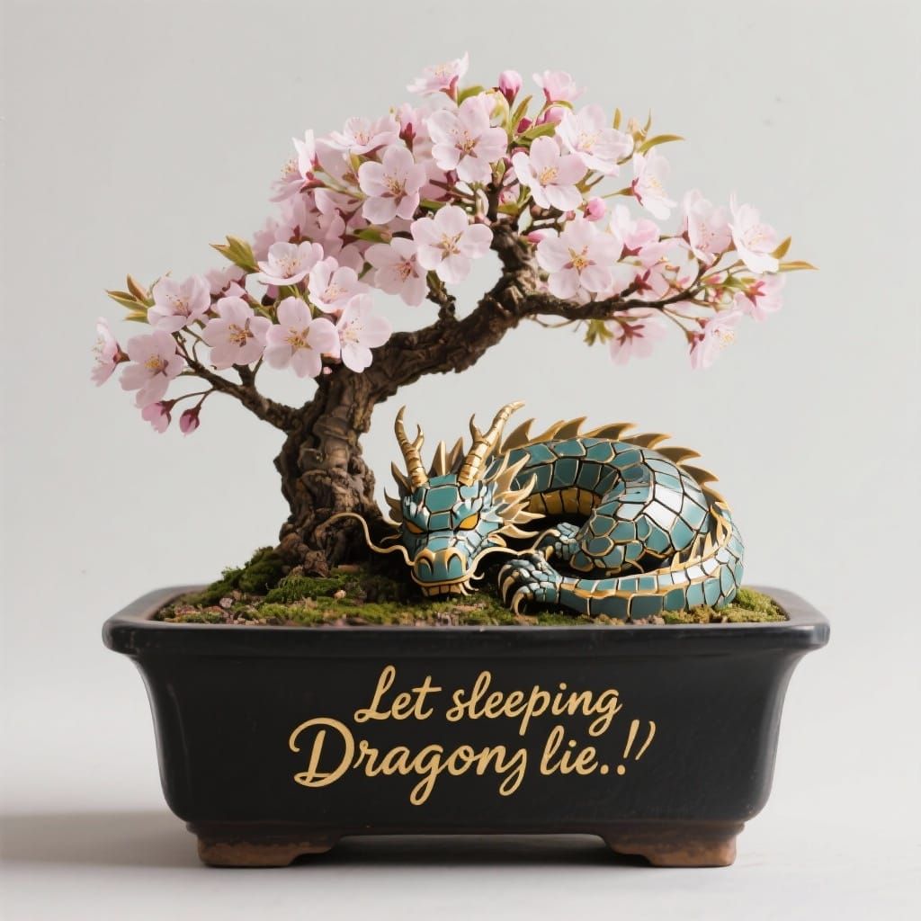 A kitsugi dragon sleeping curled around a cherry blossom bon...