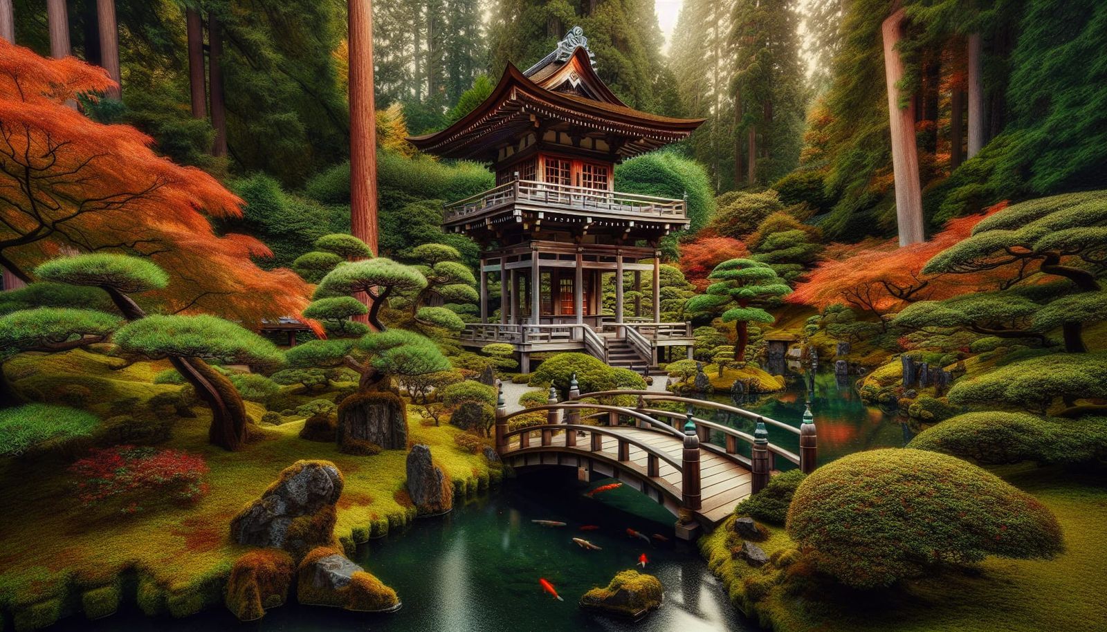 Serene Japanese Garden with Pagoda in Autumn