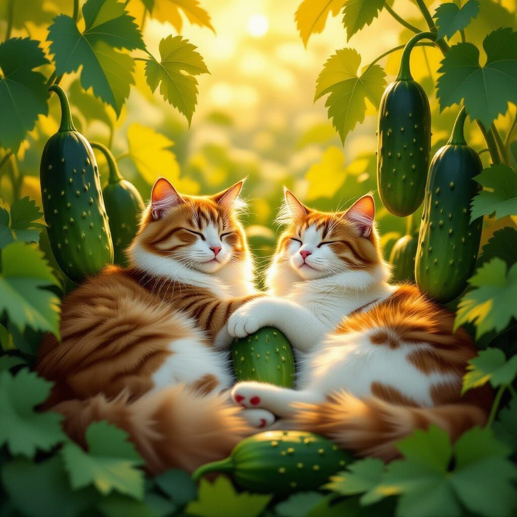 Cats Relaxing Among Cucumbers in Golden Light, Matte Paintin...