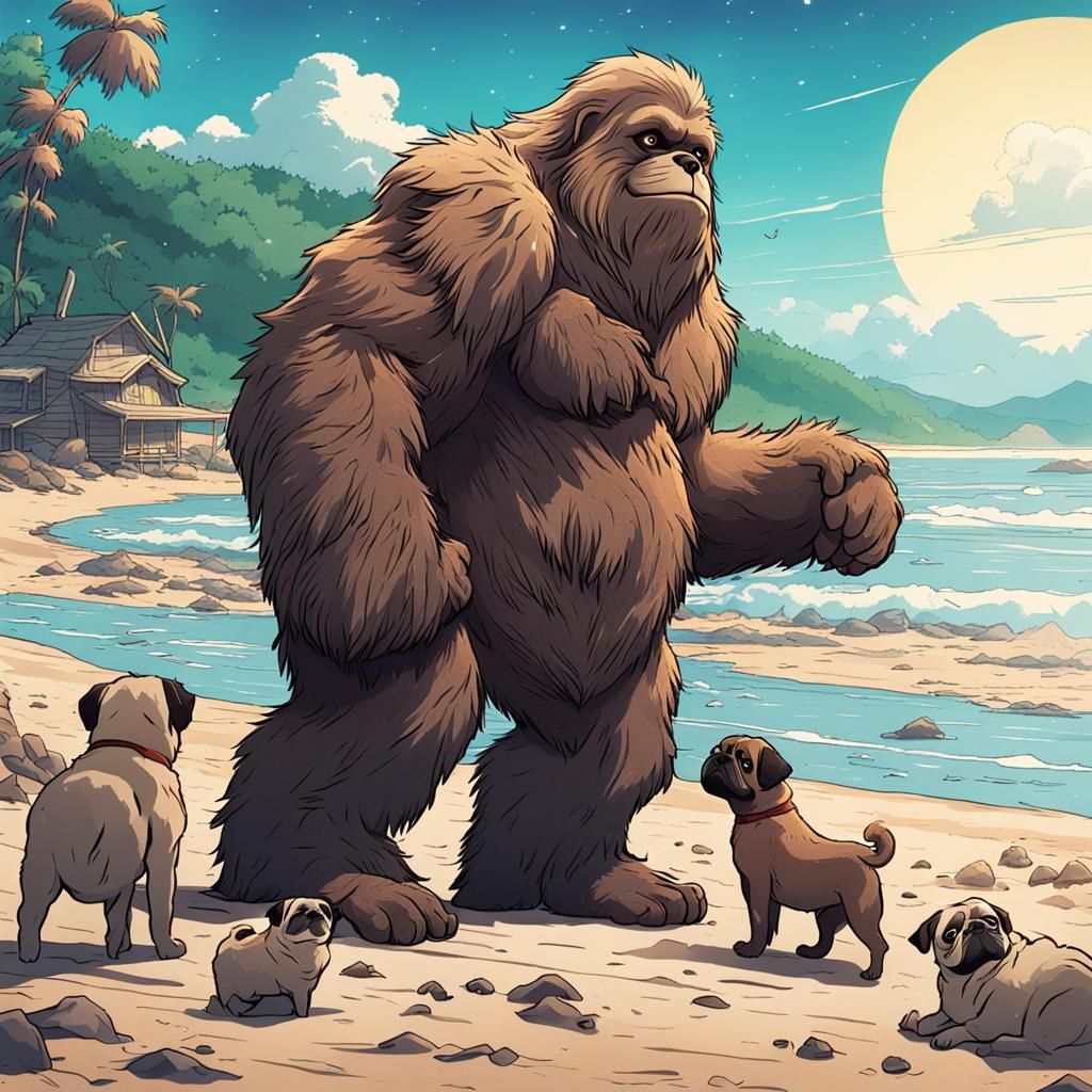 Sasquatch and Pugs on the Beach in Anime Style