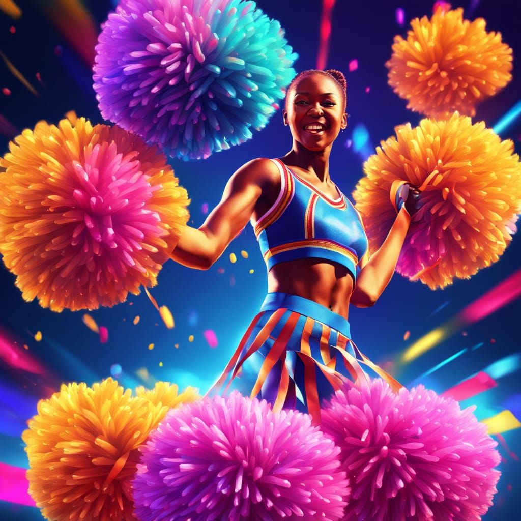 Cheerleader Dancing with Pom Poms in Vibrant Digital Art