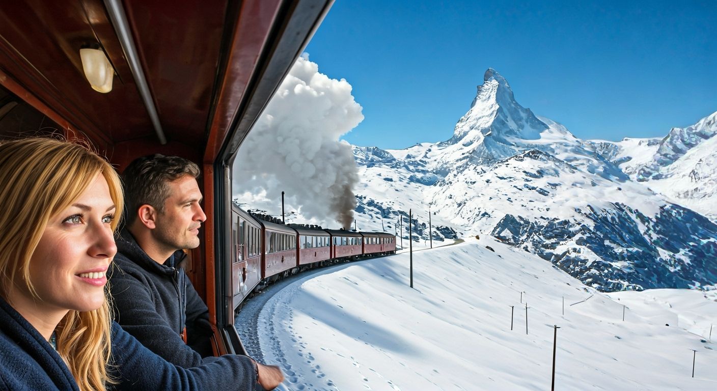 Steam Train Journey Through Snowy Swiss Alps in Winter