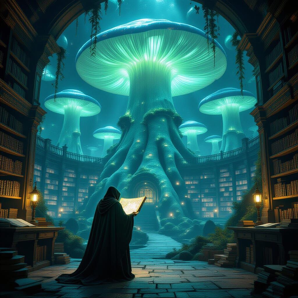 Scholar in Bioluminescent Mushroom Library