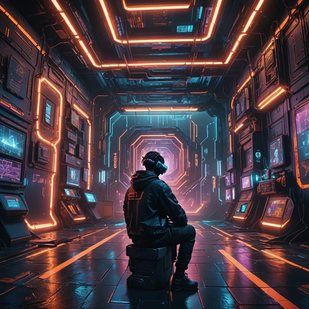 Cyberpunk Hacker in Neon VR Chamber, Digital Painting