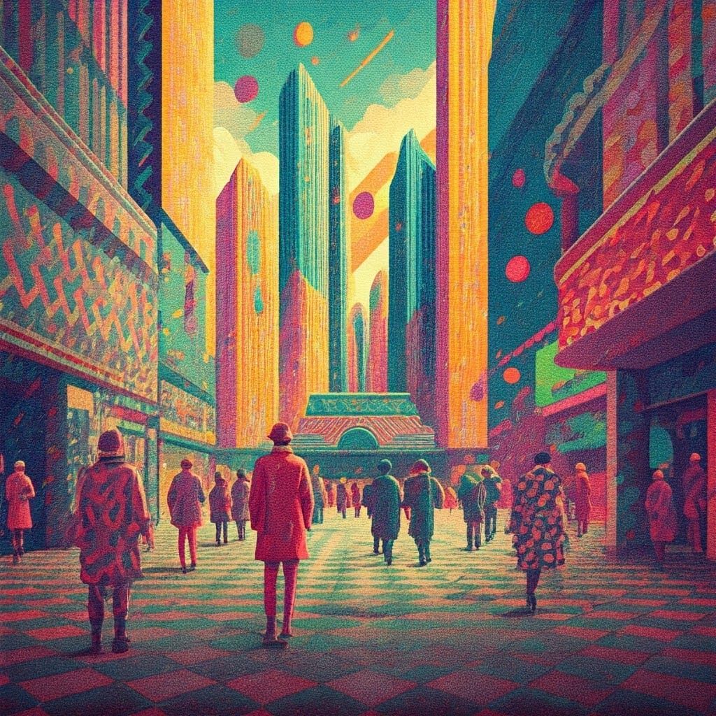 Vibrant Memphis City Plaza with Geometric Figures in Pointil...