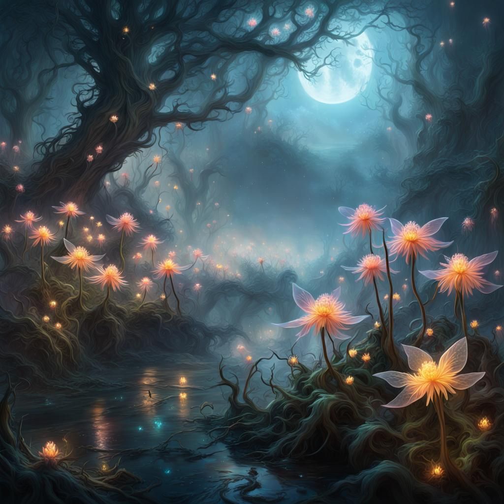Glowing Flowers in Mystic Fog: Digital Illustration