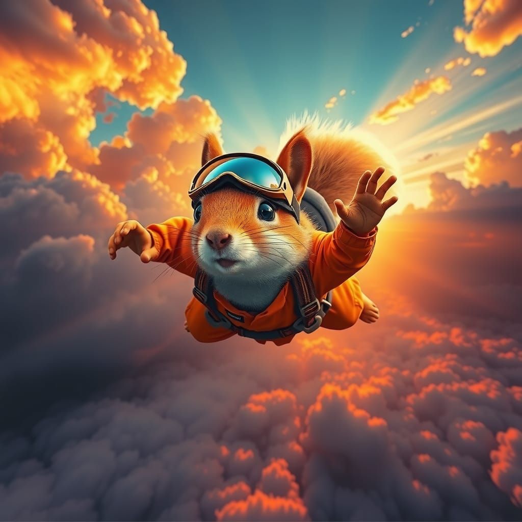 Squirrel Skydiver Leaps into Sunset: Dreamlike Art