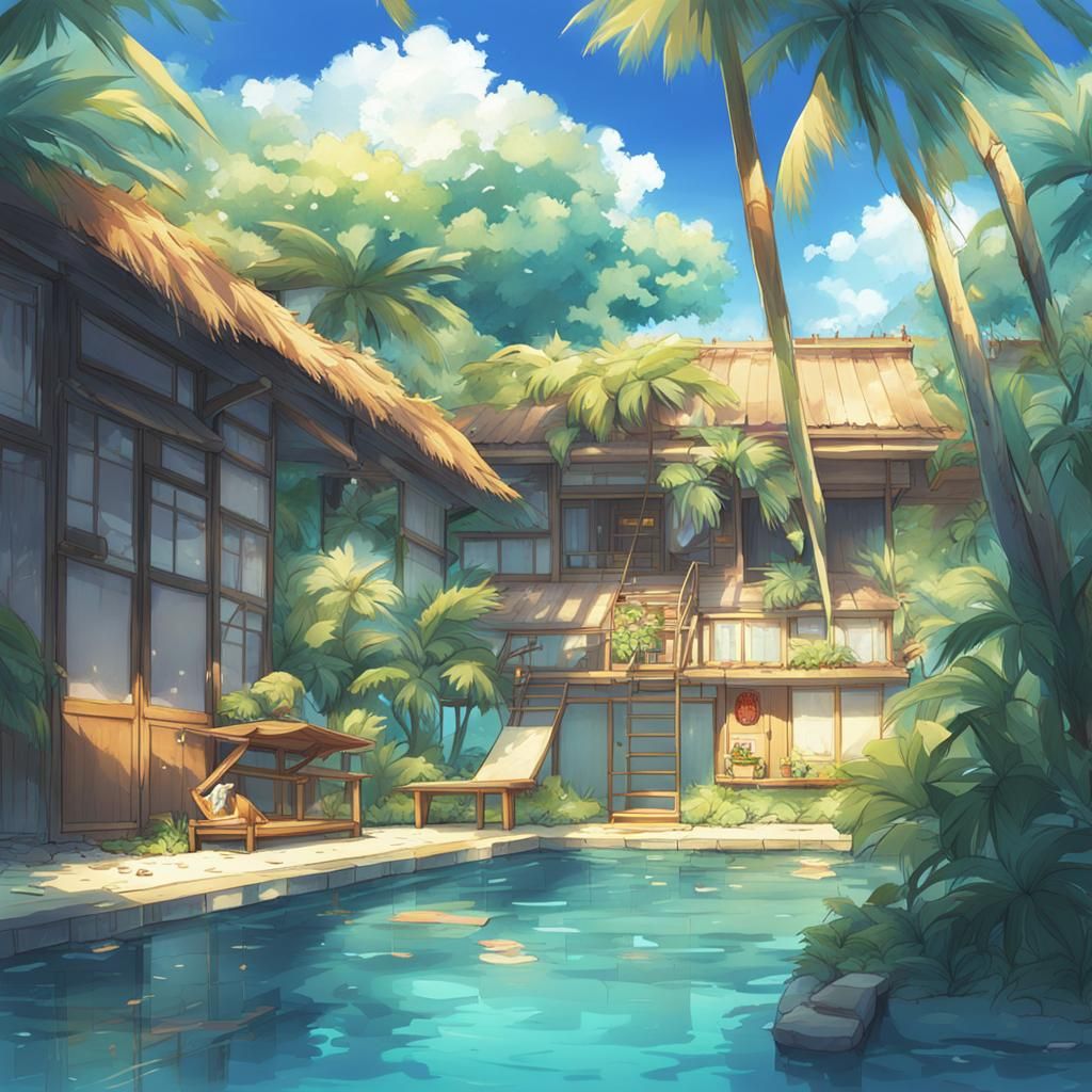 Tropical Island House Backyard in Anime Style