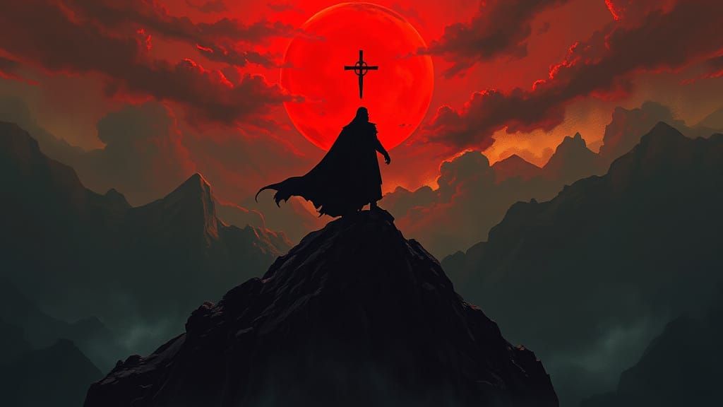 Antichrist on Mountain Peak in Dark Fantasy Style