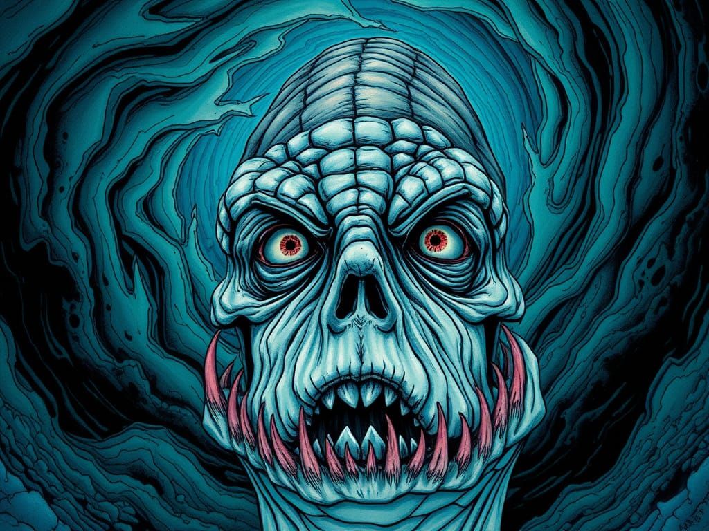 Junji Ito Style Grotesque Mermaid Shark Fusion