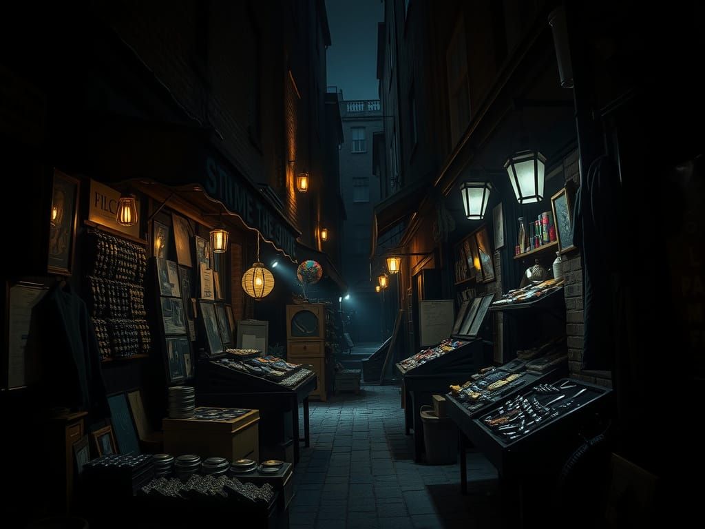 Mysterious London Alleyway Market in Dark, Moody Lighting