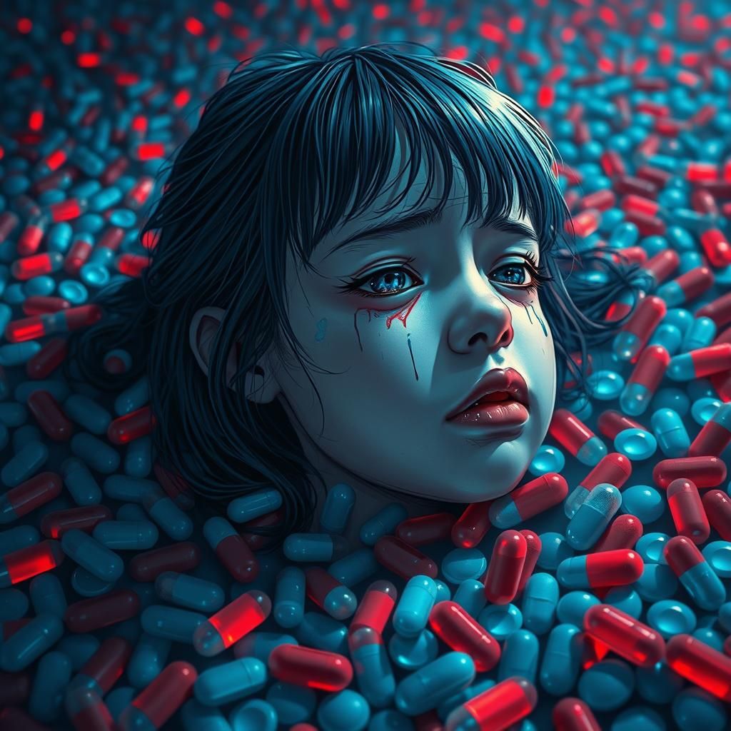 Distraught Girl in Surreal Pill Landscape: Concept Art