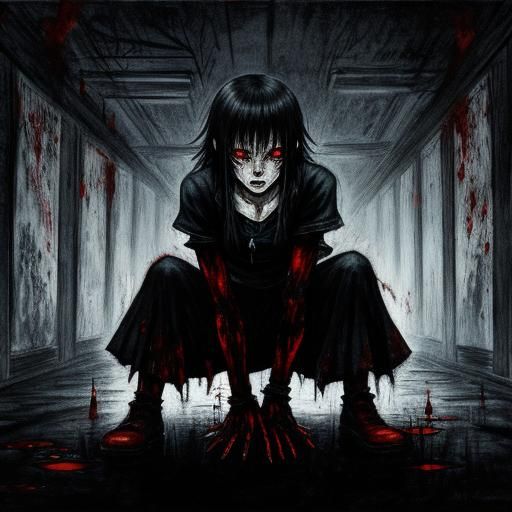 Anime Girl Crying Blood Tears in Hell