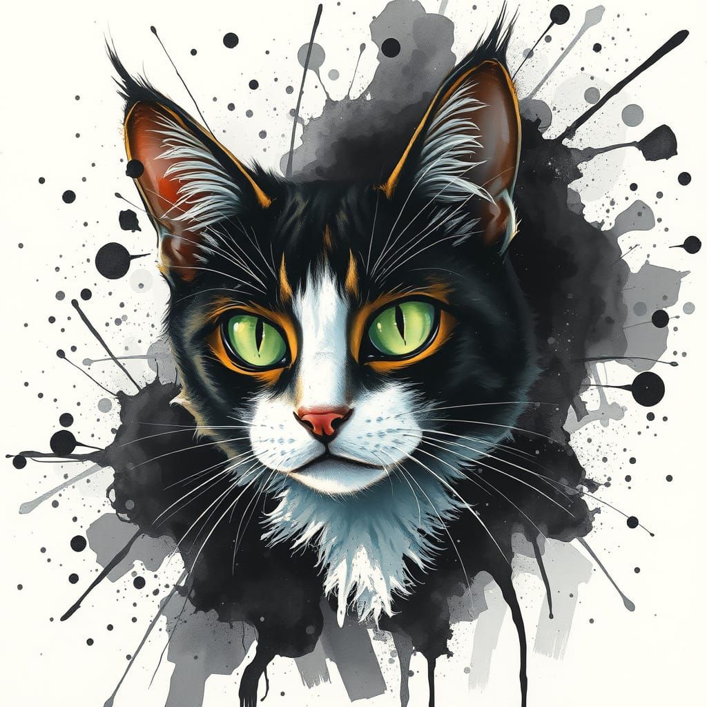 Emerald-Eyed Cat Emerges from Ink: Expressionist Art
