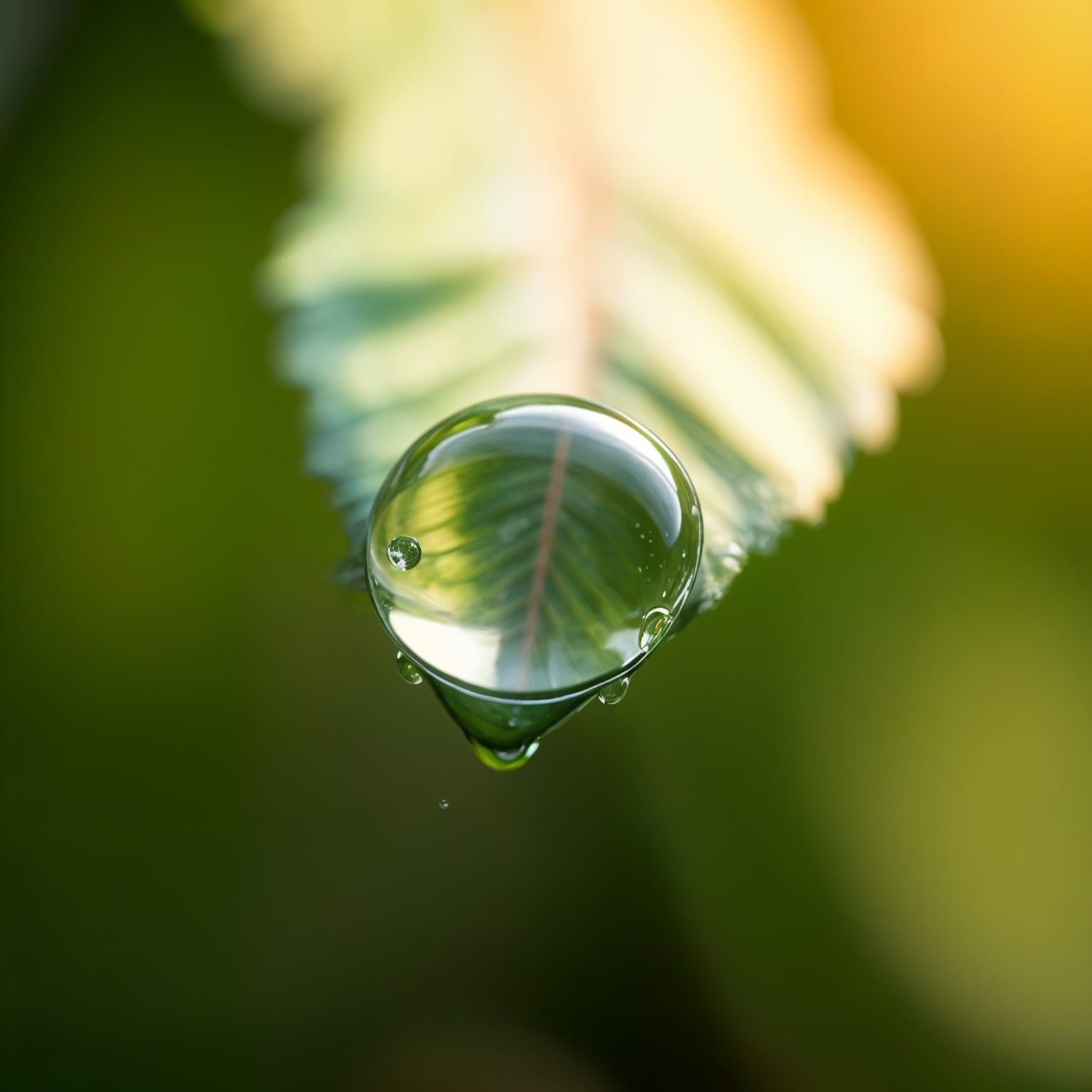 Delicate Waterdrop with Leaf Reflection in Super Realistic D...
