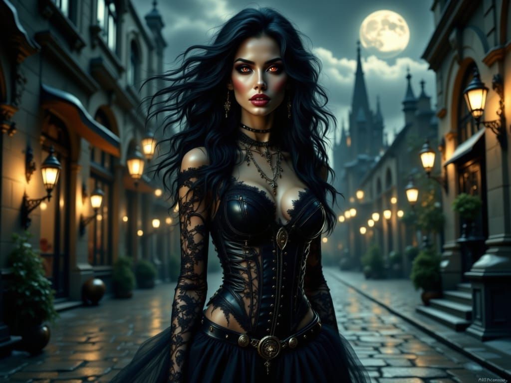 Vampiress in Black Lace Under Moonlight