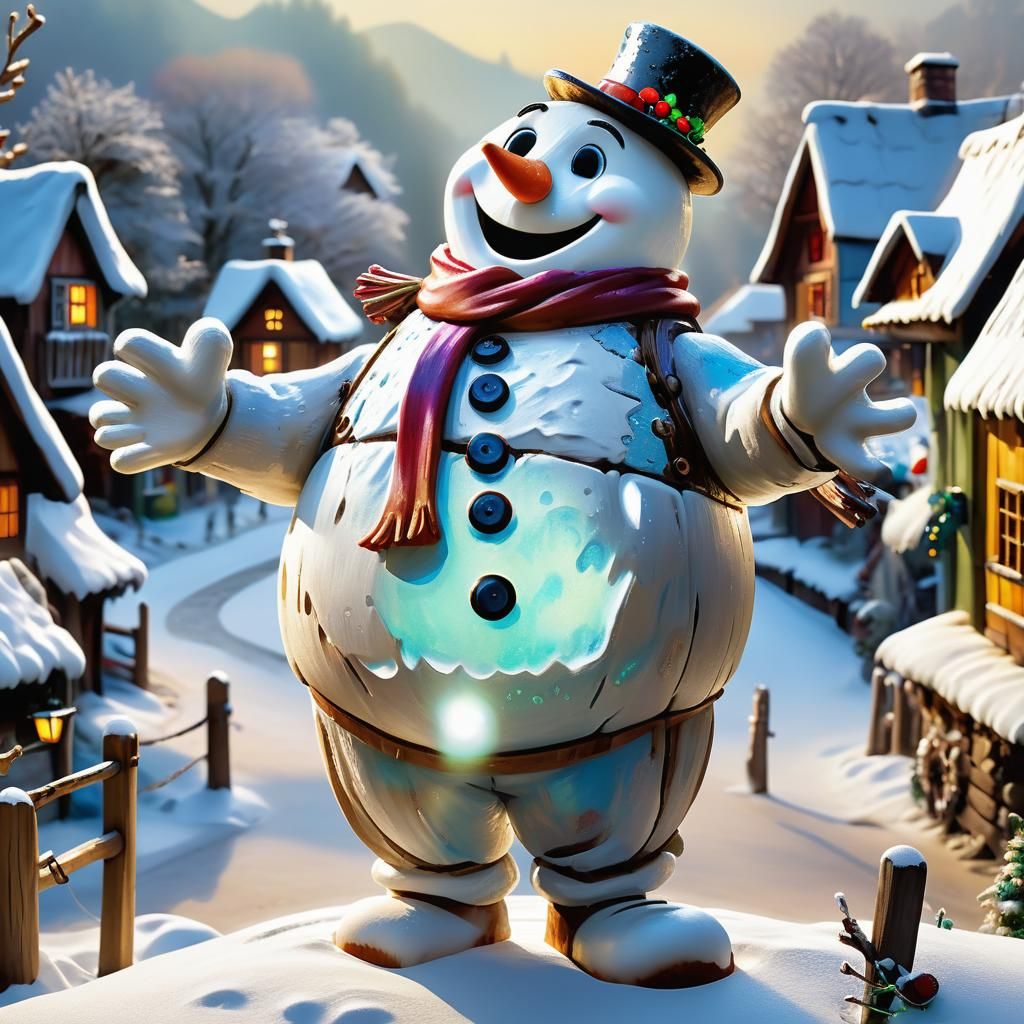 Hyperrealistic Frosty the Snowman in Snowy Village
