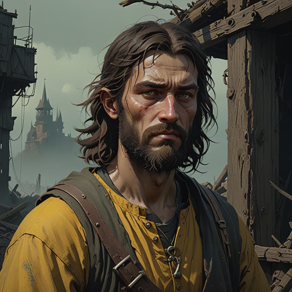 Weary Medieval Peasant in Dark Fantasy Oil Painting