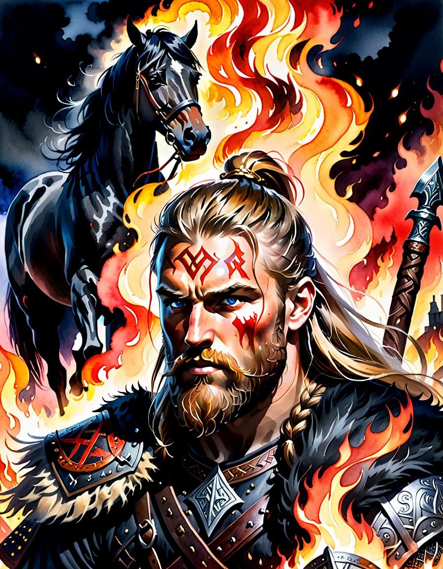 Viking Warrior on Horse in Watercolour Style