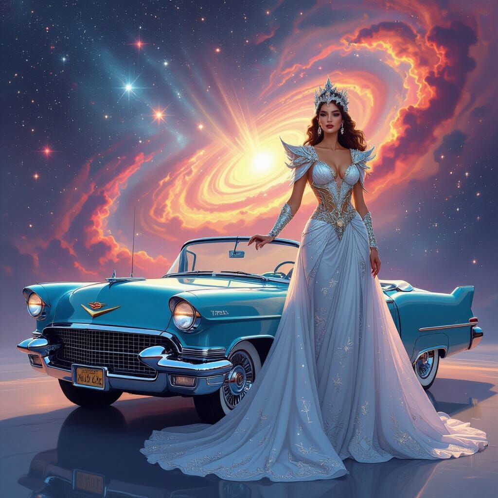 Celestial Goddess Beside 1950s Cadillac