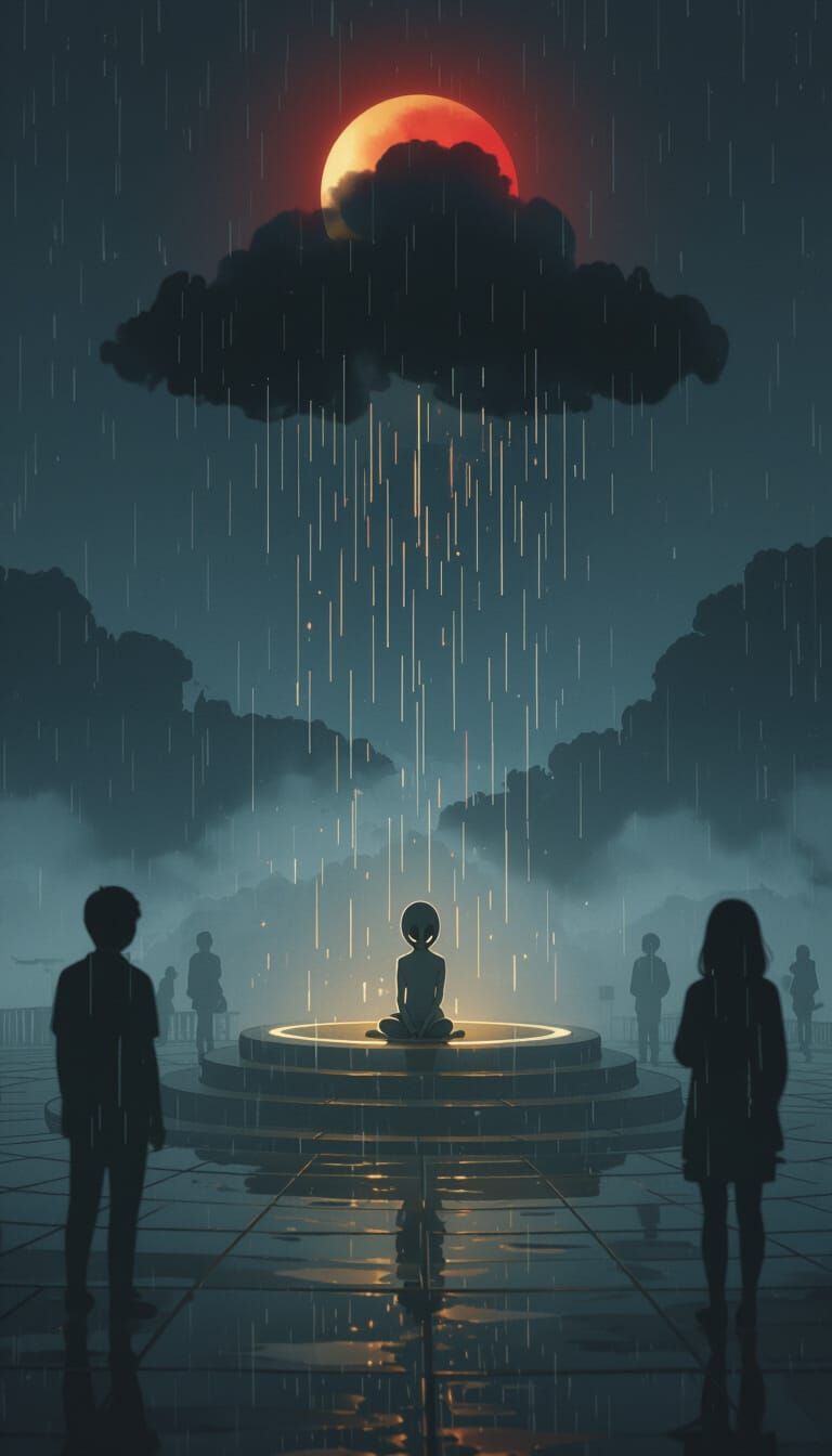 Alien Figure on Pedestal in Fog with Crescent Moon