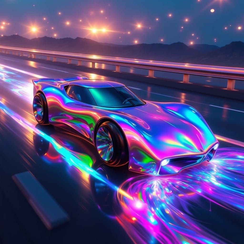 Iridescent Concept Car Speeding on Futuristic Motorway