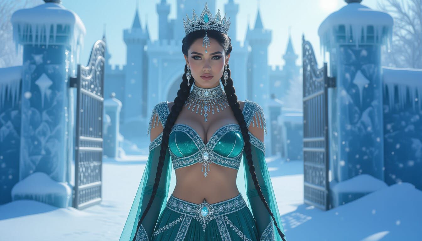 Emerald Empress in Frozen Palace, Photorealistic Style