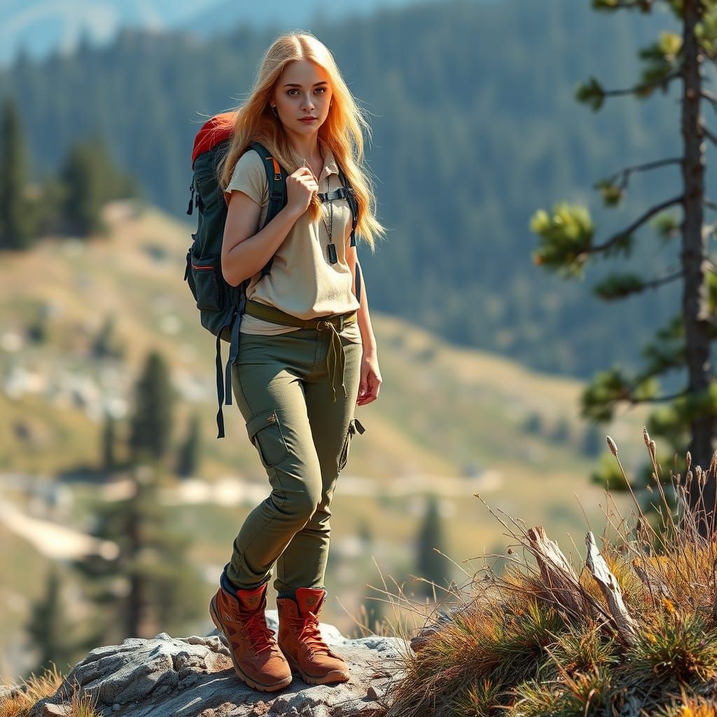 Female Hiker in Outdoor Setting, Art Nouveau Style
