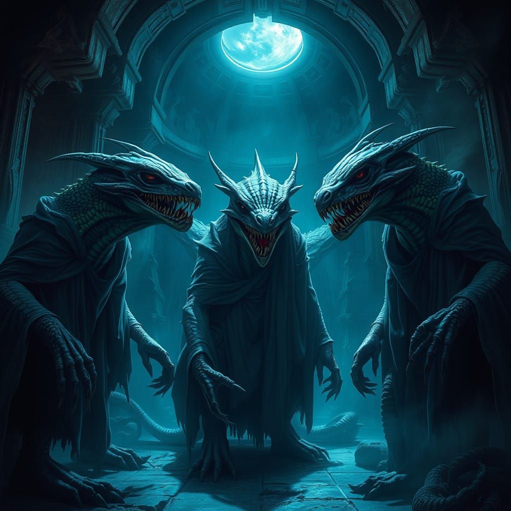 Mystical Cosmic Reptiles Converge in Haunting, Abandoned Tem...