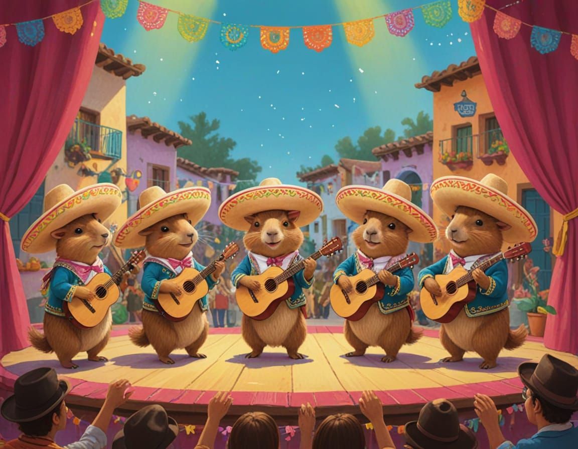 Capybara Mariachi Band in Pixar Storybook Style