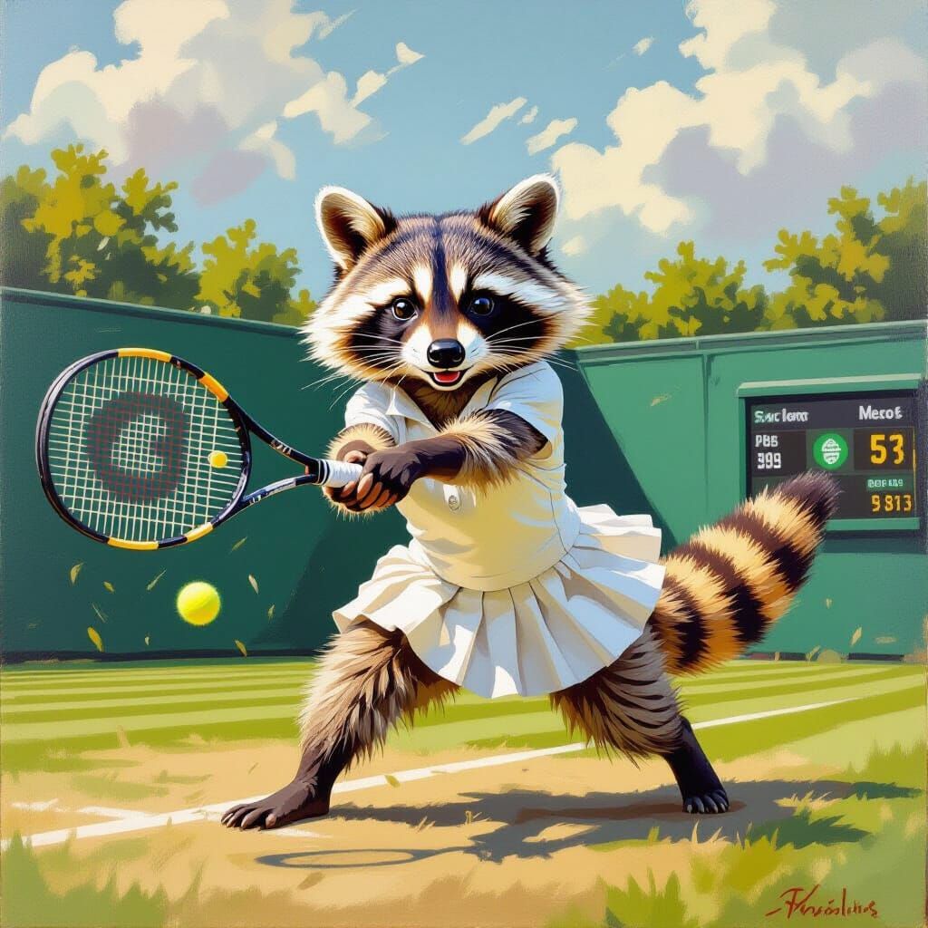 Oil on canvas painting of a cute racoon playing tennis at th...