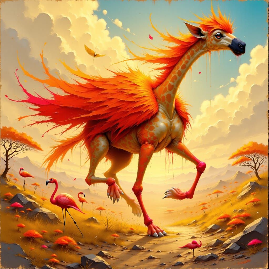 Fire-Flamingo-Giraffe Hybrid on Savanna, Expressive Painting