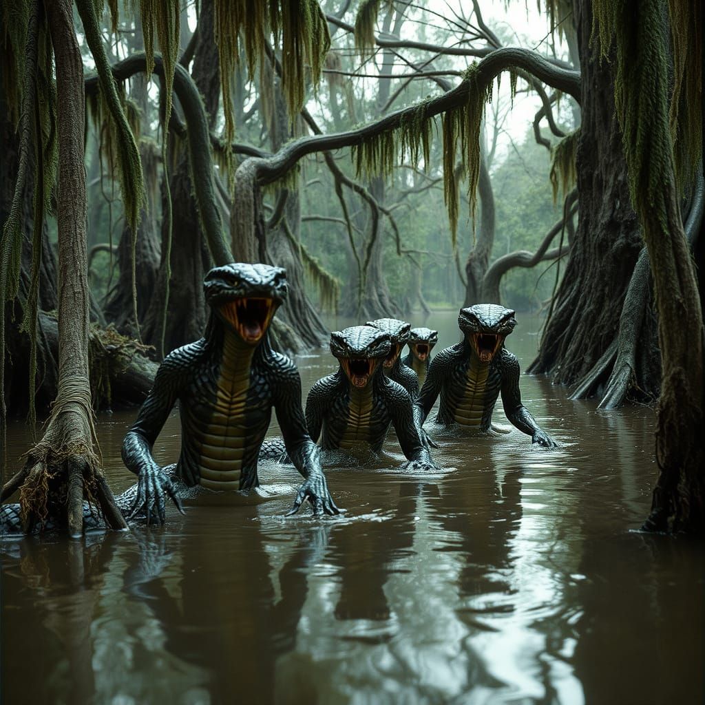 Snake Women Emerge from Murky Swamp: Cinematic Film