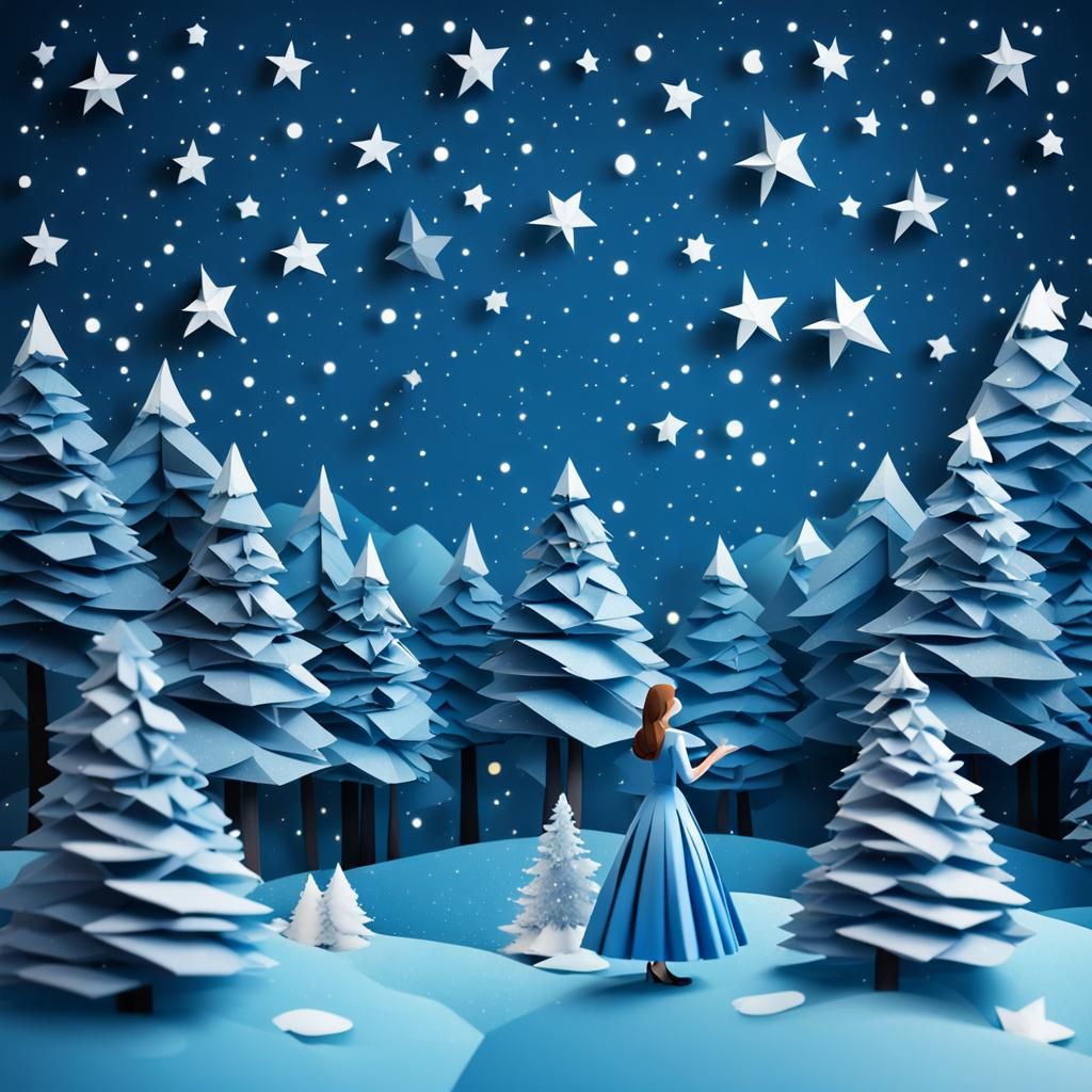 Winter Wonderland with Woman in Origami Style